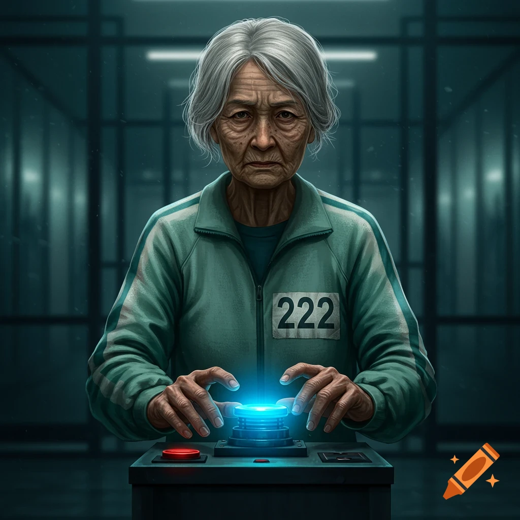 A serious elderly woman in a teal 'Squid Game' tracksuit with the number 222, hovering her hands over a glowing blue button.