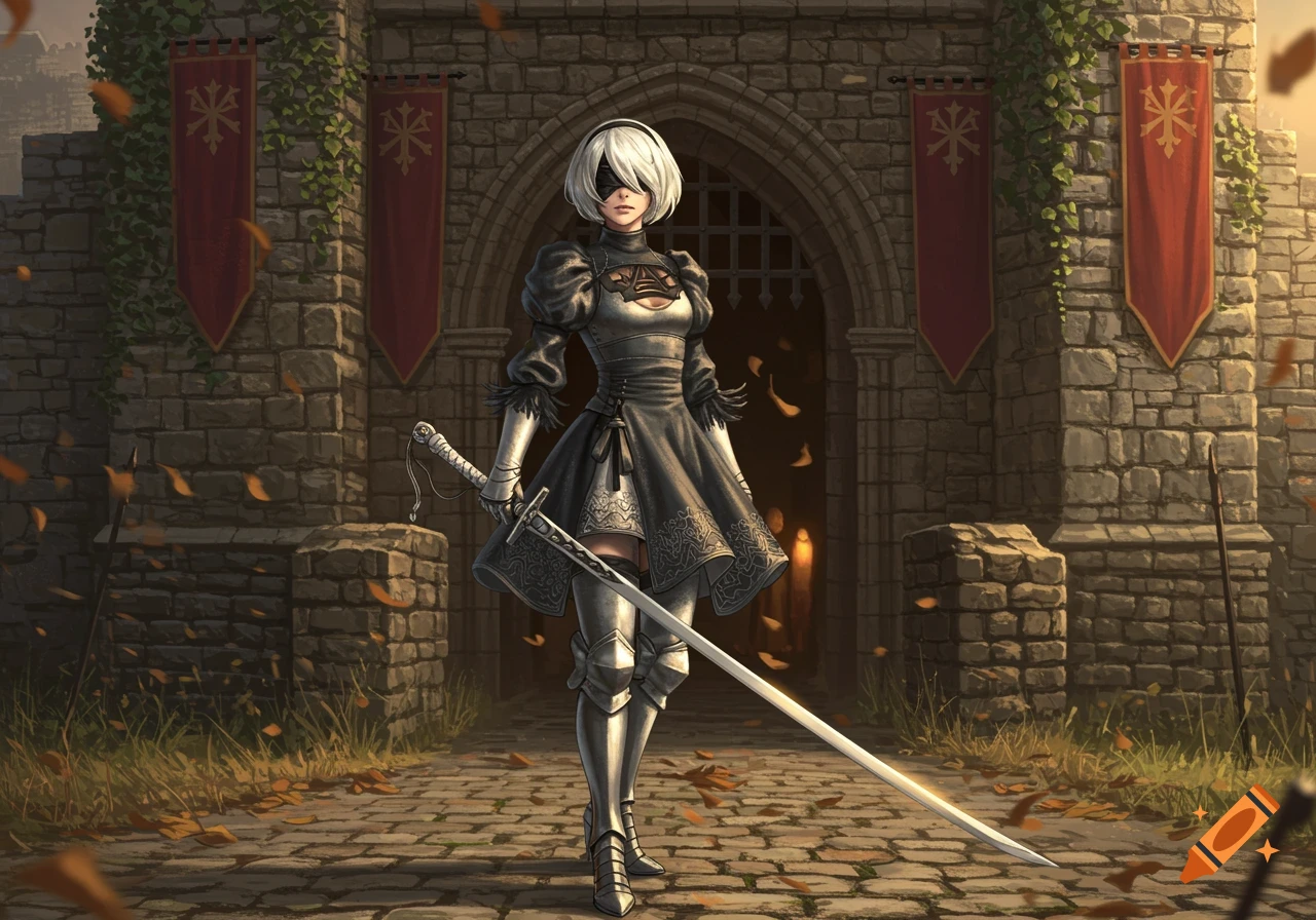 A white-haired warrior in a black dress and white armor stands with a katana before a stone castle gate at sunset, in a detailed fantasy art style.