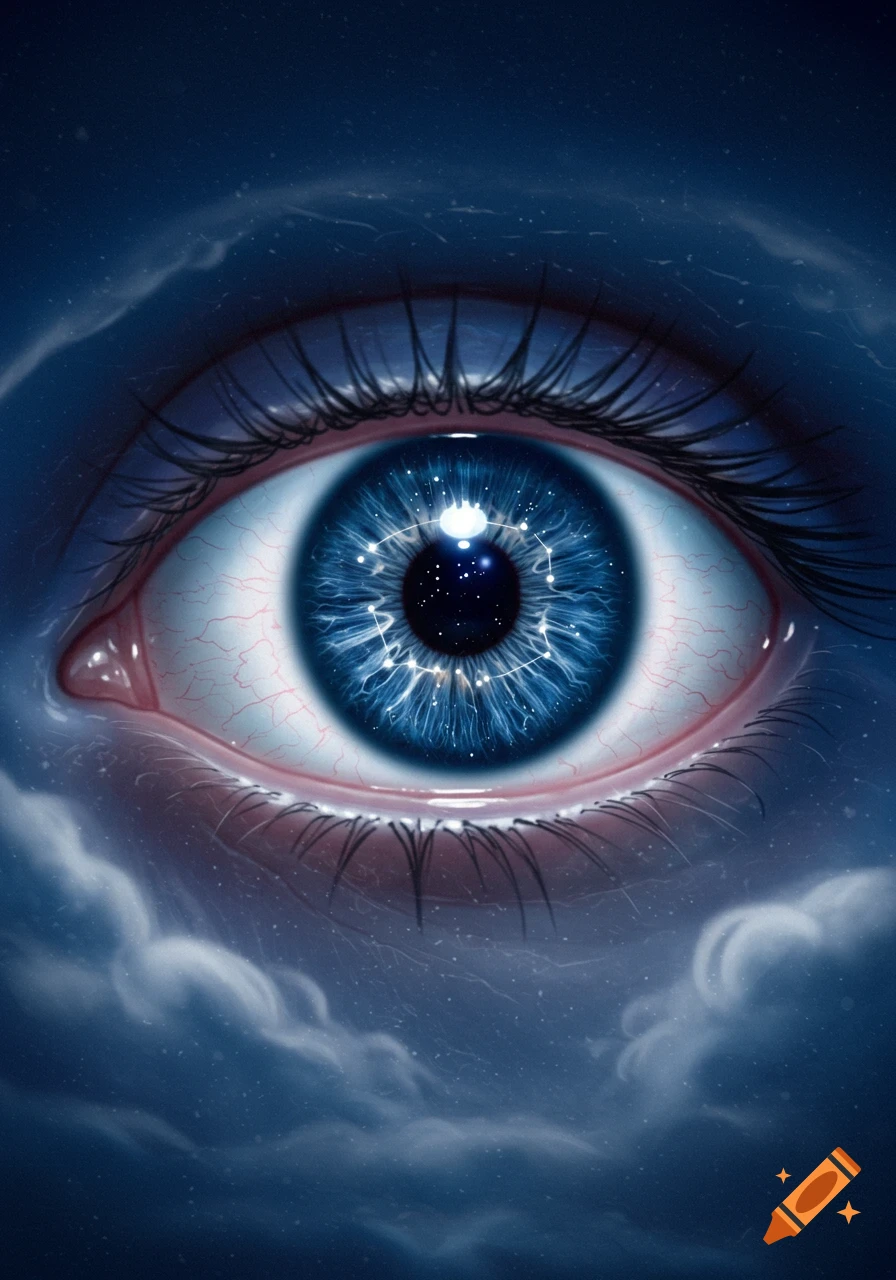A stylized blue eye with a galaxy in its iris, surrounded by dark blue clouds and sparkling stars.