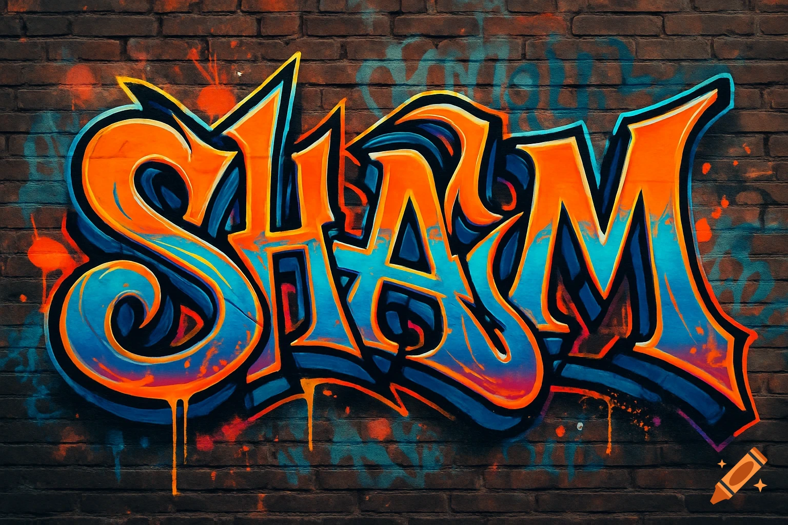 Colorful graffiti of the word SHAM on a brick wall, with blue, orange, and black paint.