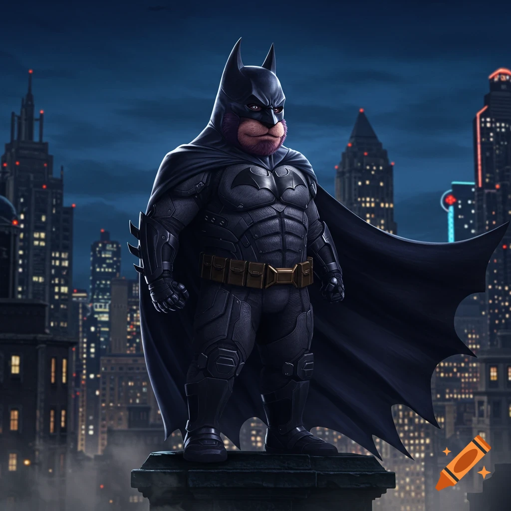 A stylized Batman with a purple Grimace-like face stands on a rooftop overlooking a dark city skyline at night.