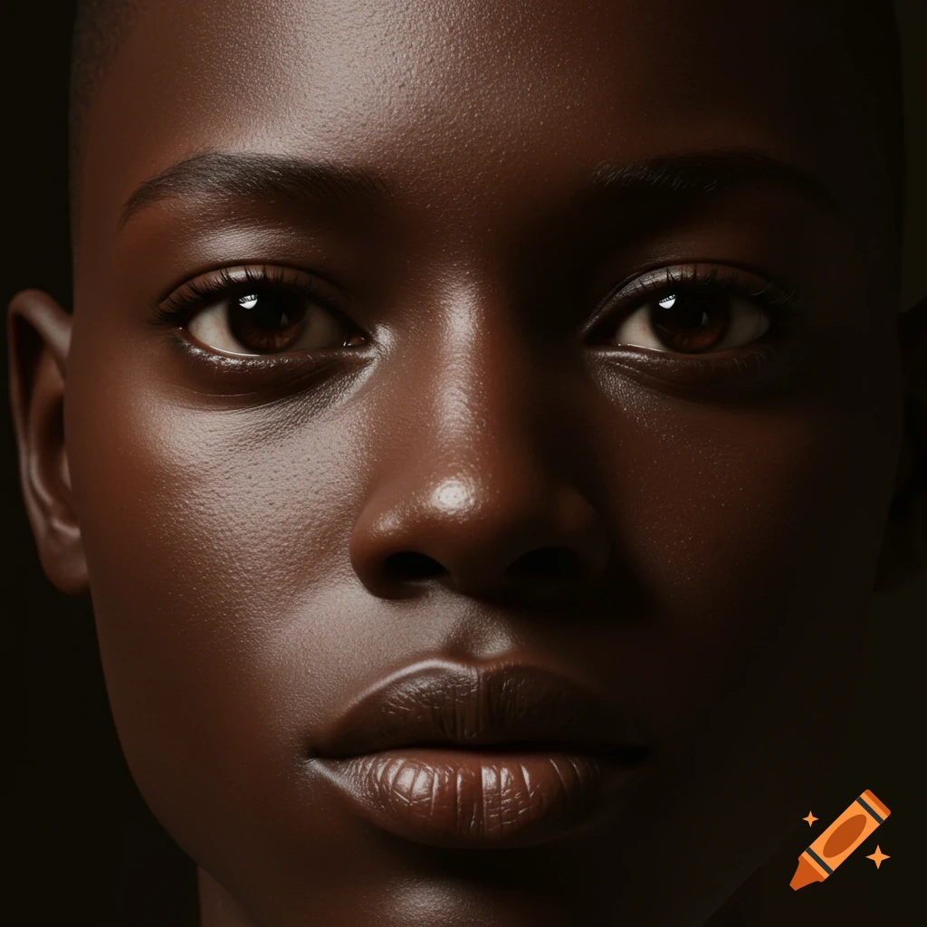 A photorealistic, extreme close-up portrait of a person with rich dark skin, featuring glossy lips, defined nose, and deep brown eyes.