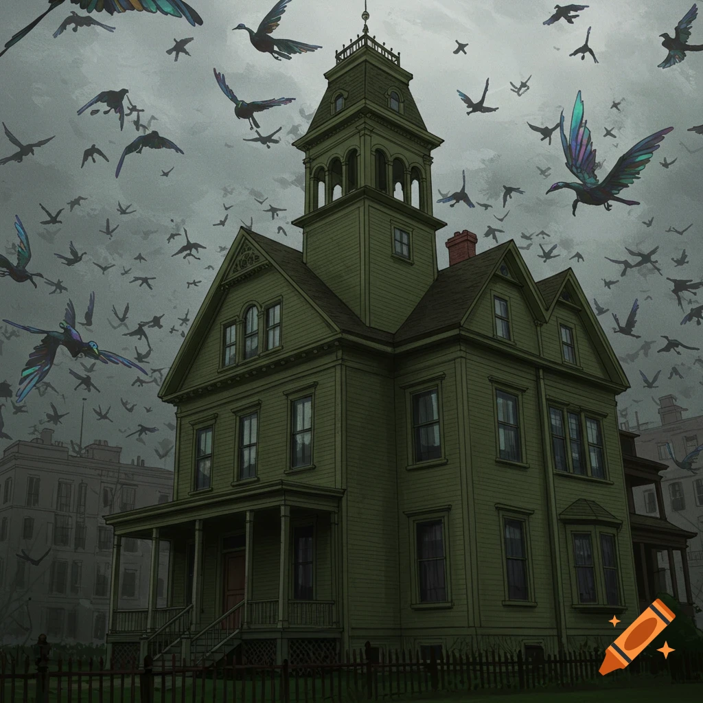A green Victorian house with a tall tower stands under a dark, stormy sky, surrounded by numerous black and iridescent birds in flight.