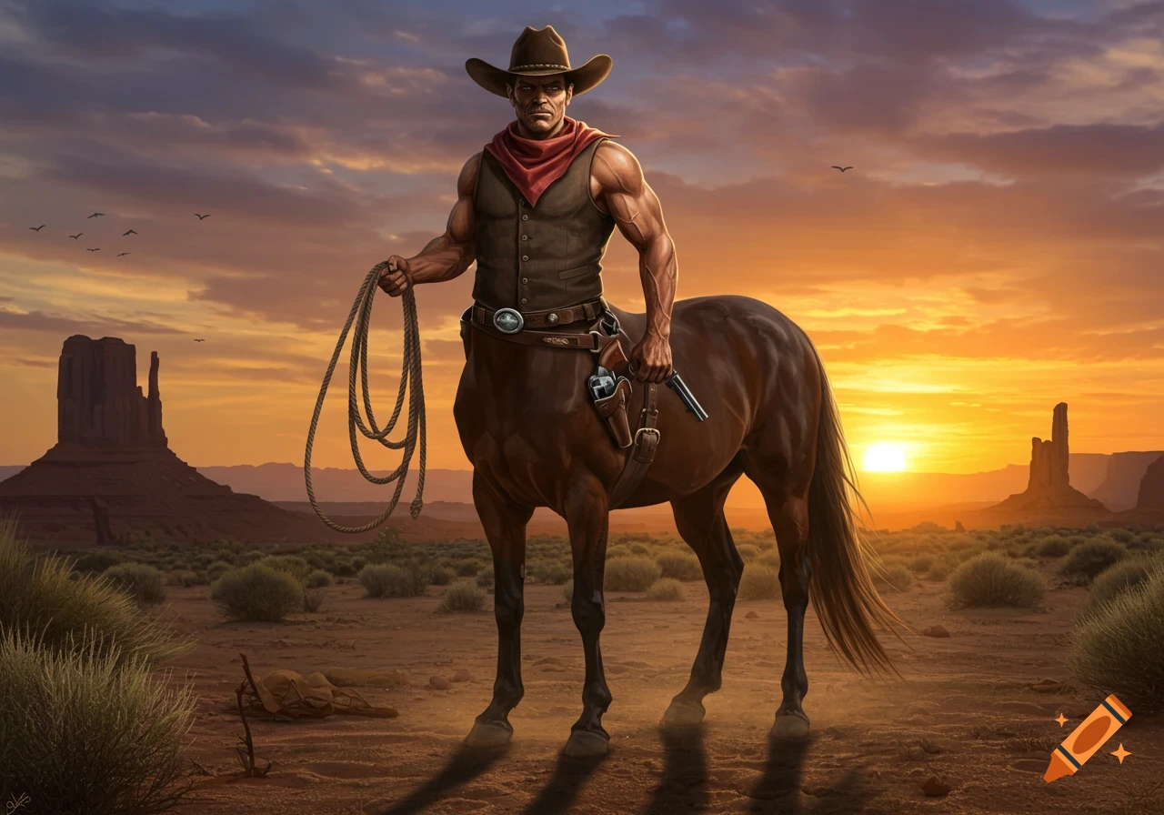 A muscular cowboy centaur stands in a desert at sunset, holding a lasso and a revolver. Mesa formations are in the background.
