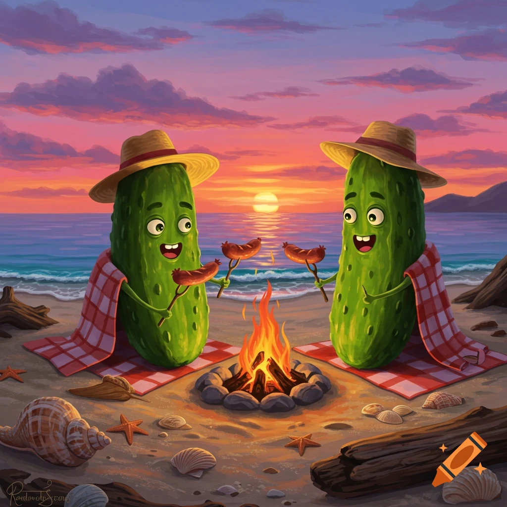 Two cartoon pickles wearing hats and blankets sit on a beach at sunset, roasting hotdogs over a campfire.
