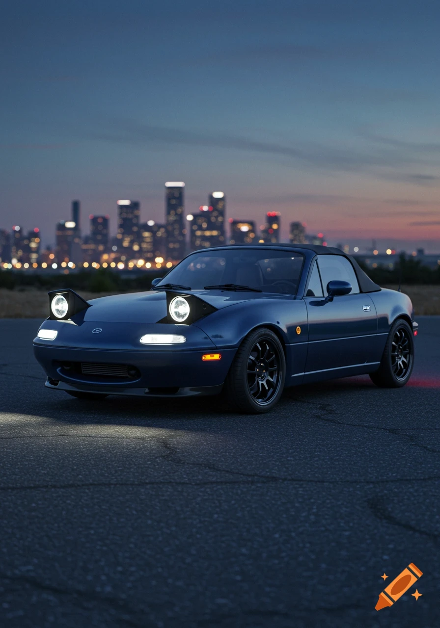 A dark blue Mazda Miata with pop-up headlights on an asphalt road with a blurred city skyline at dusk.
