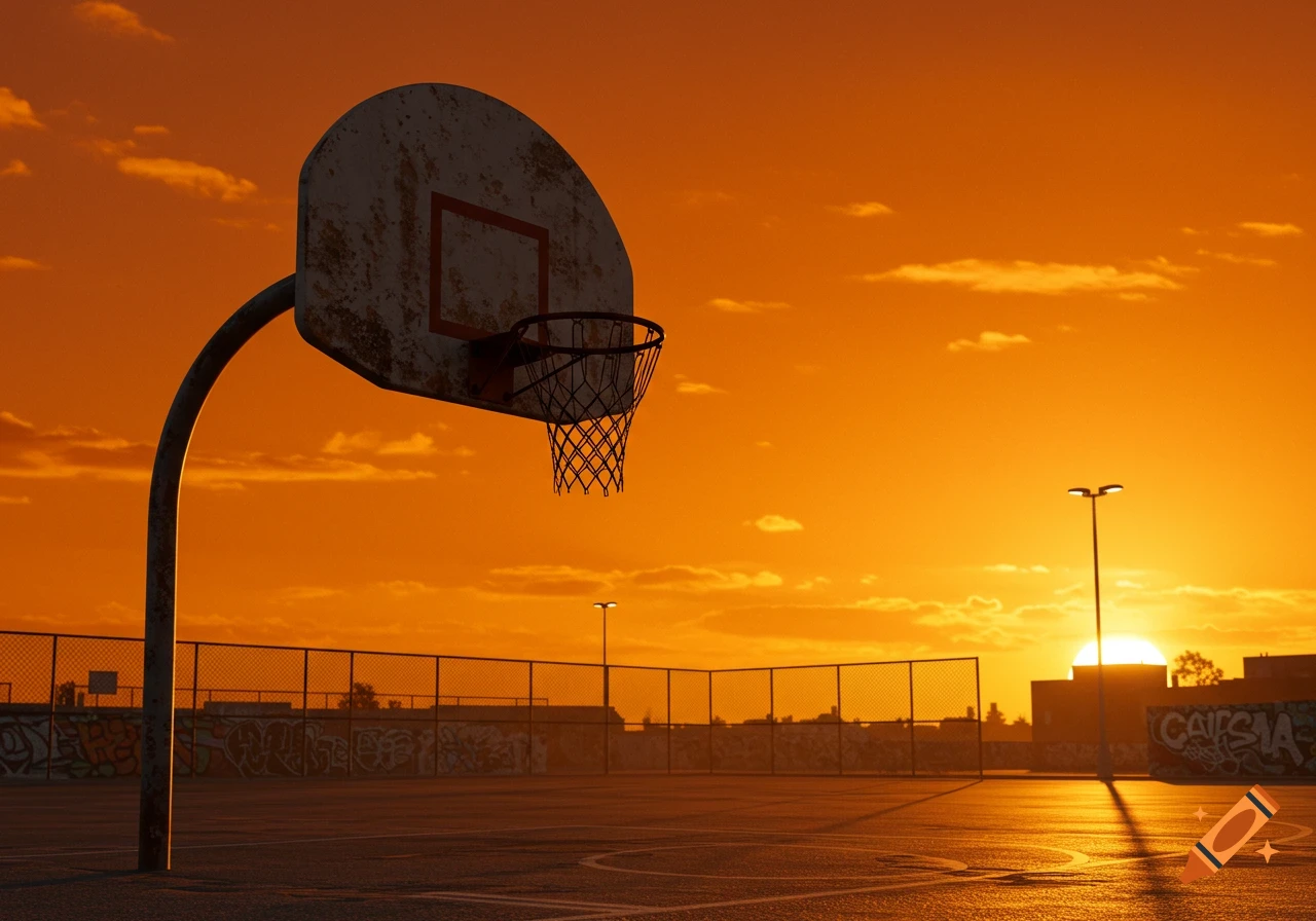 A basketball hoop and court at sunset with an orange sky.