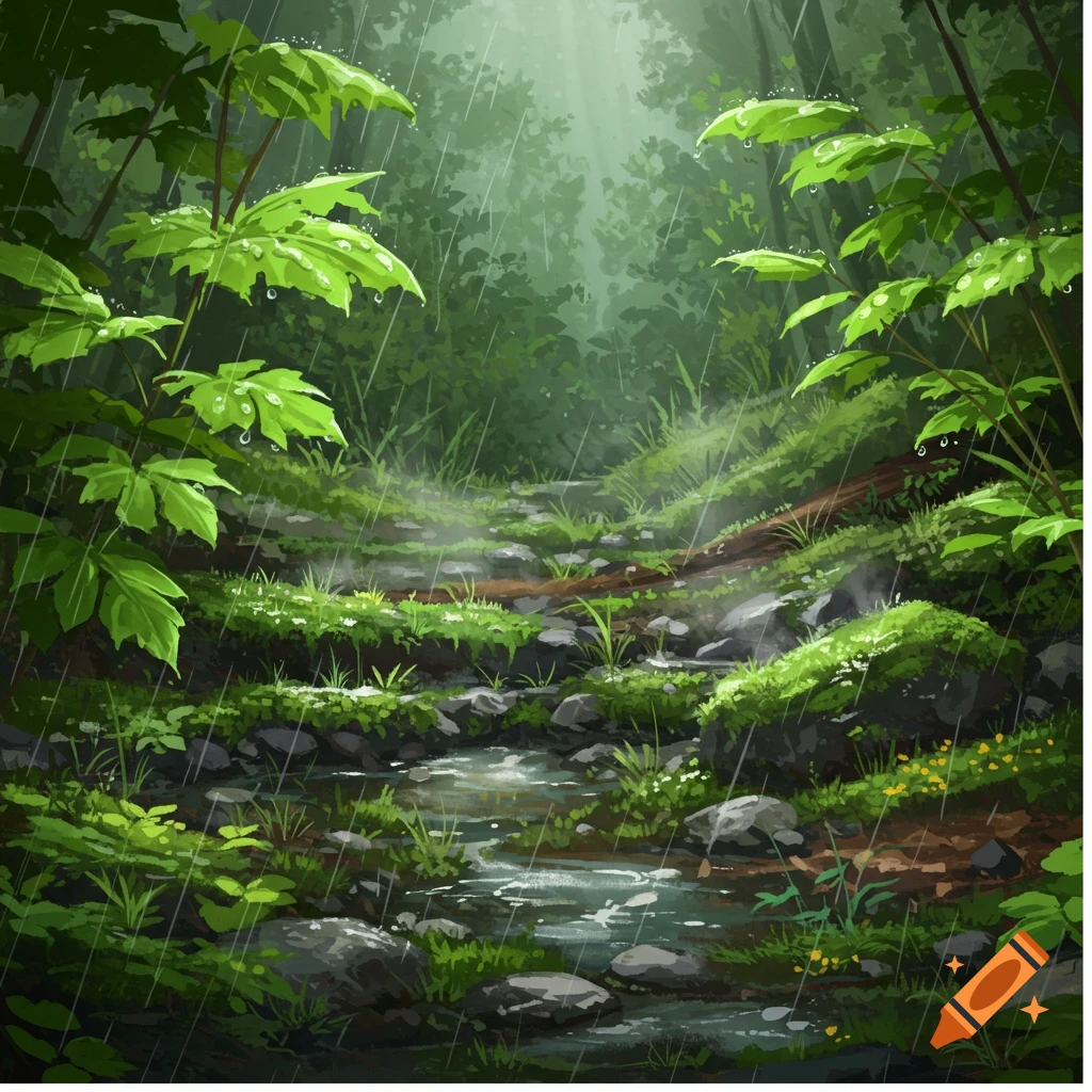 A vibrant, illustrated forest scene during a rain shower, with water droplets on green leaves and a small stream flowing over mossy rocks.
