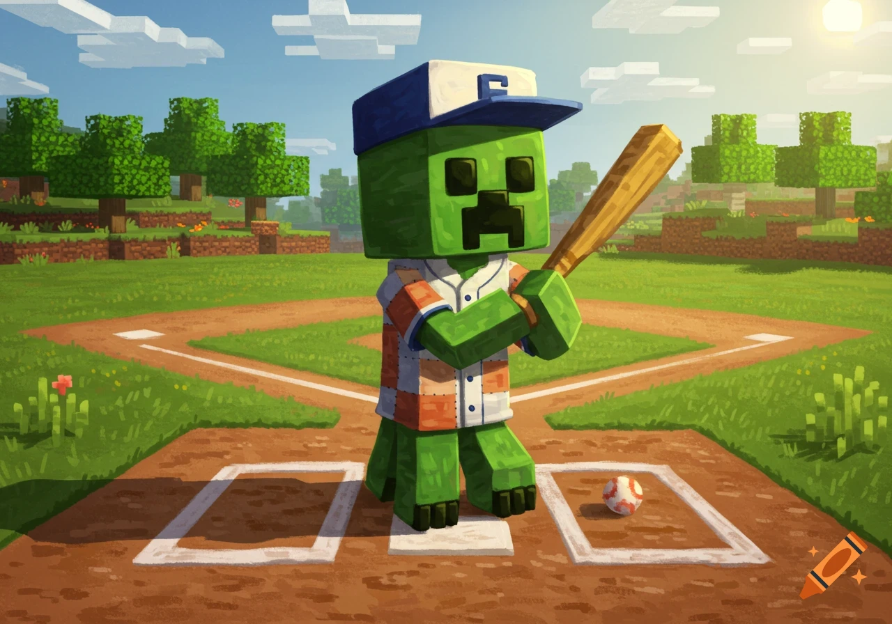 A Minecraft Creeper in a baseball uniform with a cap and bat stands on a baseball field.