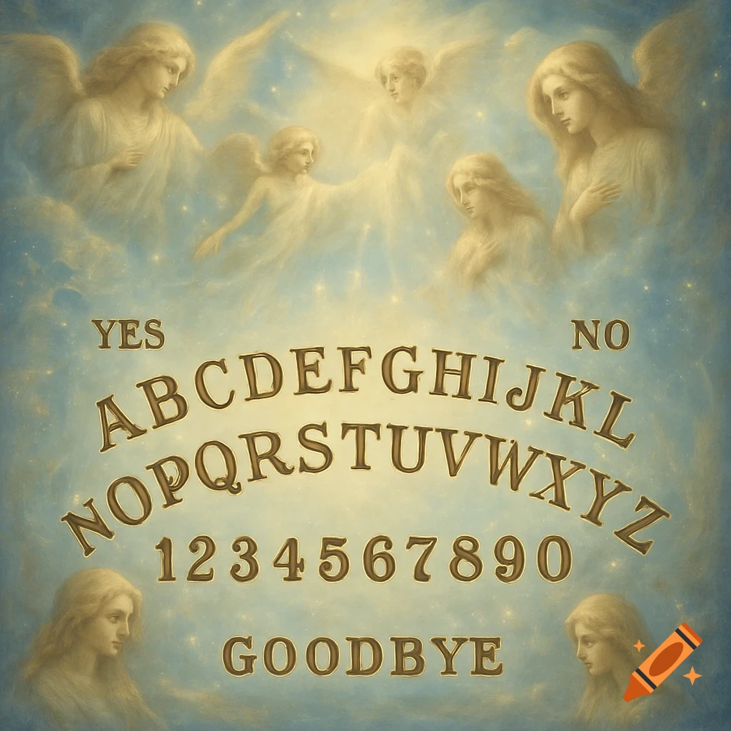 A celestial spirit talking board featuring the alphabet, numbers, YES, NO, and GOODBYE, with angels in a cloudy, ethereal background.