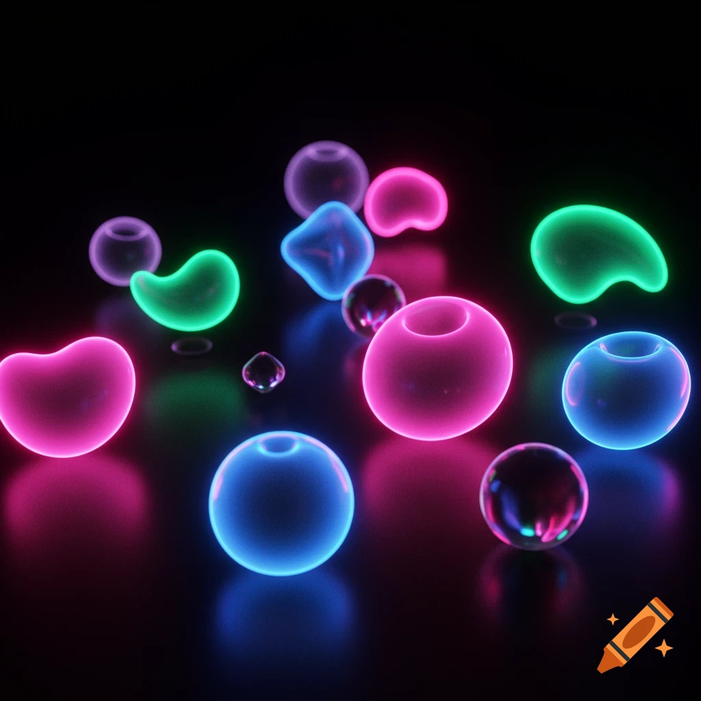 Vibrant neon pink, blue, and green glowing abstract shapes float on a dark background in digital art style.