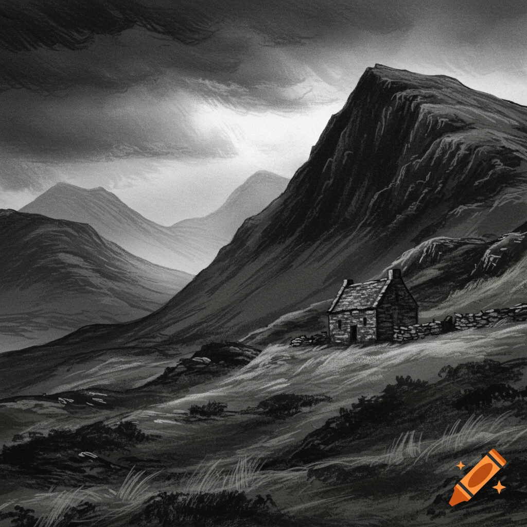 A moody charcoal sketch of a small stone cottage nestled amidst dark, imposing mountains under stormy skies.