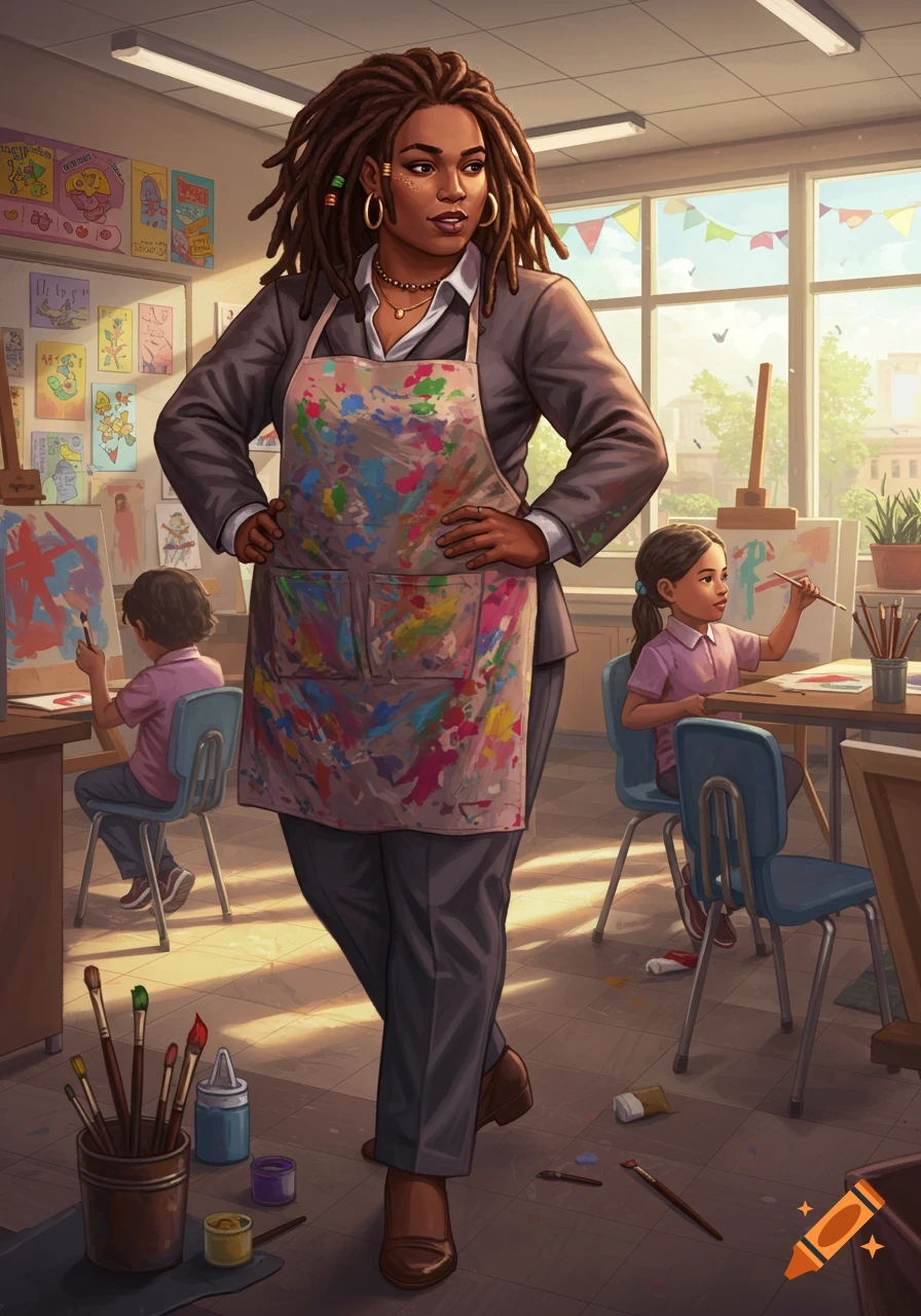 An art teacher with dreadlocks and a paint-splattered apron stands in a sunny elementary art classroom where children are painting.