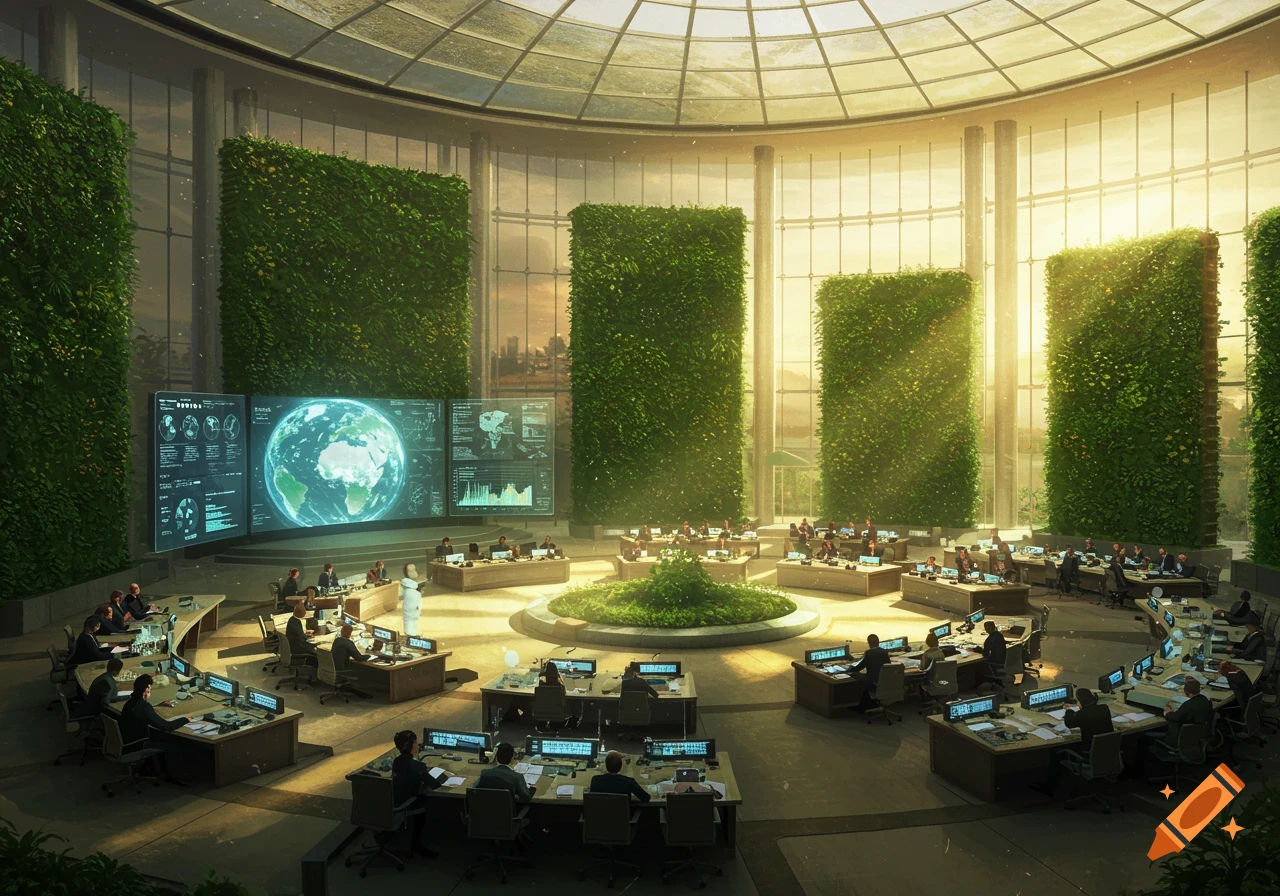 A large, futuristic circular conference room with vertical gardens and a glass roof, where people work at computers facing global data screens.