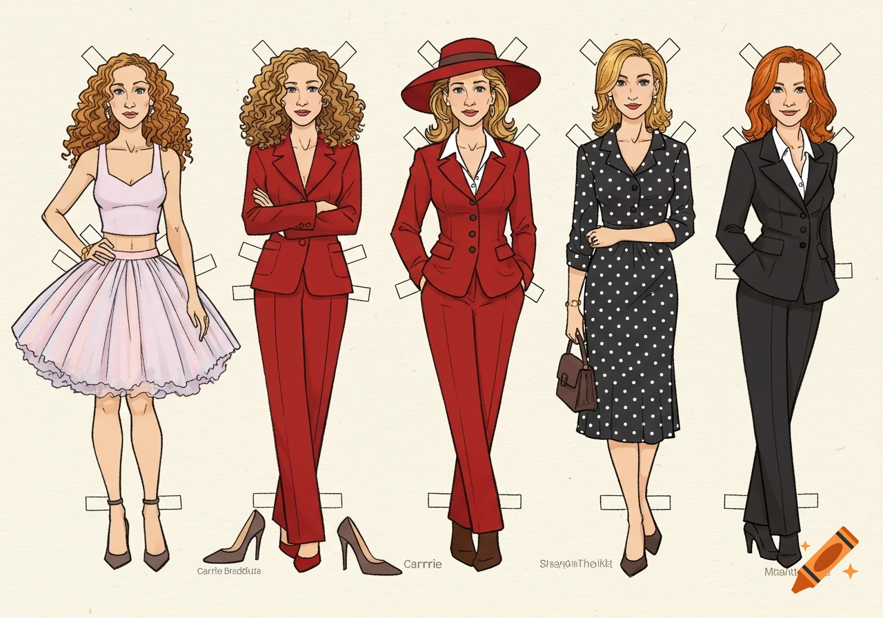 Five paper doll style characters from Sex and the City, wearing various outfits, including dresses and business suits.