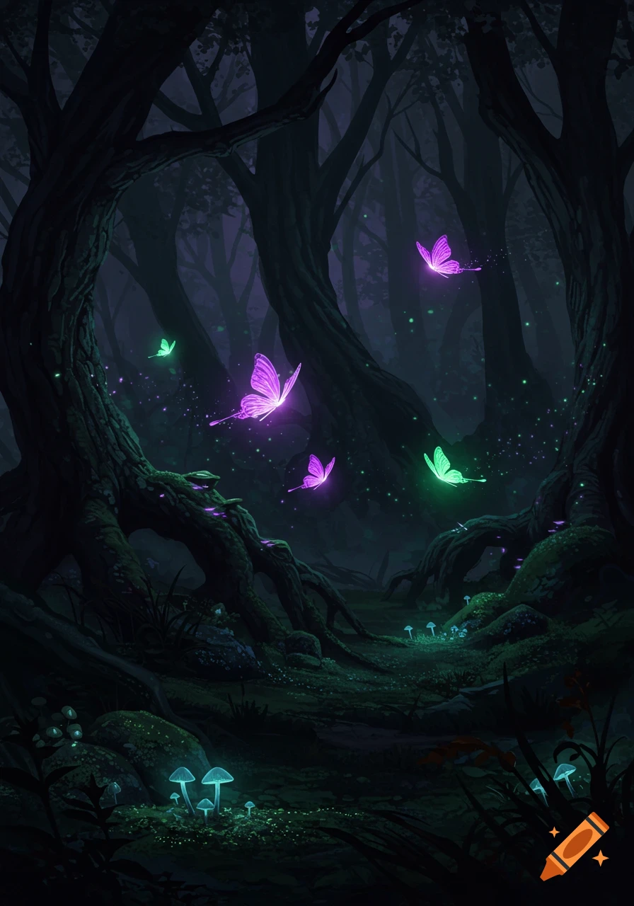 Glowing purple and green butterflies fly through a dark, enchanted forest with luminous blue mushrooms on the ground.