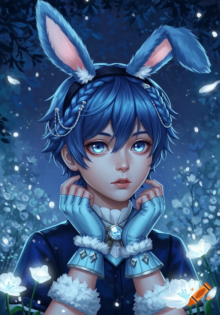 Anime boy with blue hair and bunny ears, wearing blue gloves and a dark blue coat, in a magical forest.