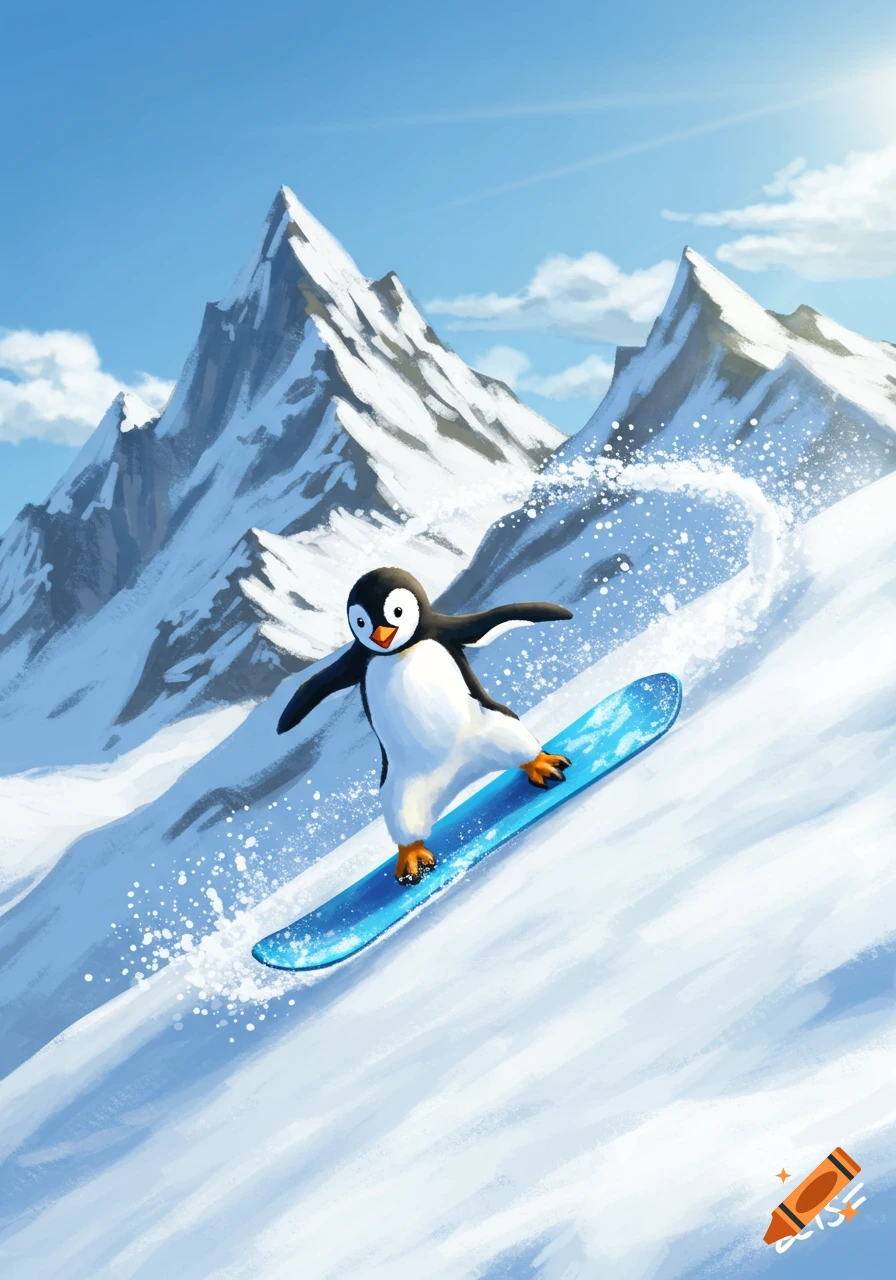A cartoon penguin snowboarding down a snowy mountain slope under a blue sky.