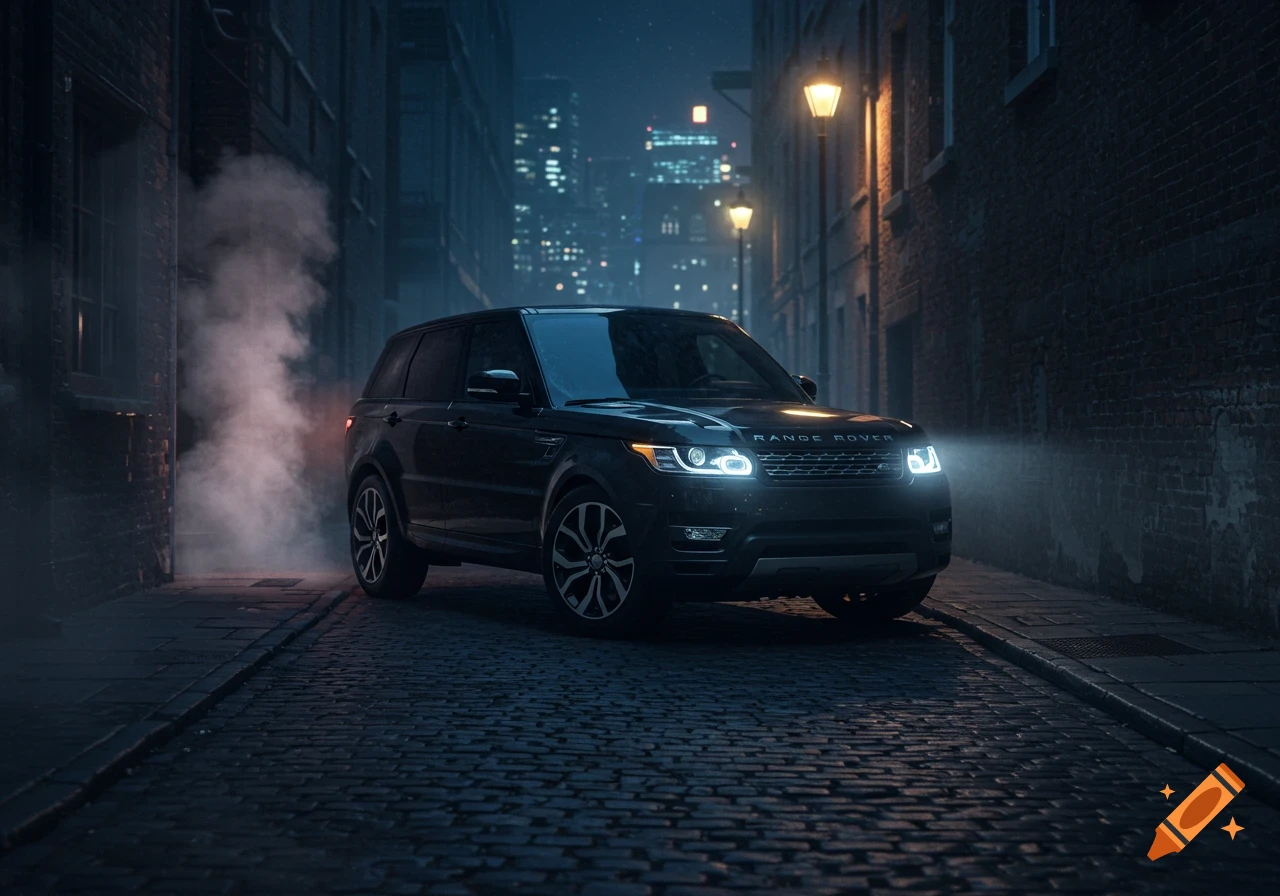 A black Range Rover Sport SUV idles in a dark, wet cobblestone alley at night, lit by streetlights and its headlights, with smoke rising from a vent.
