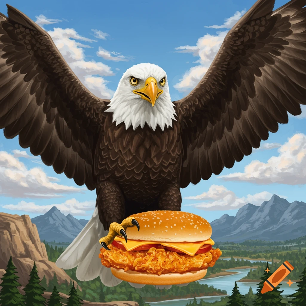 A majestic bald eagle soars above a mountain landscape, clutching a fried chicken sandwich with one talon.