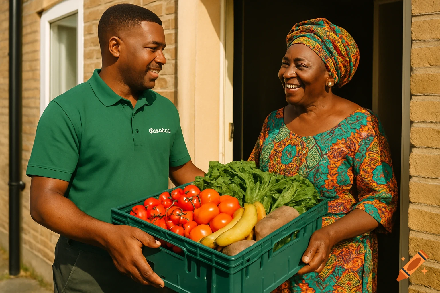 A smiling Black male delivery driver hands a crate of fresh produce to an older Nigerian woman at her doorstep in a photorealistic style.