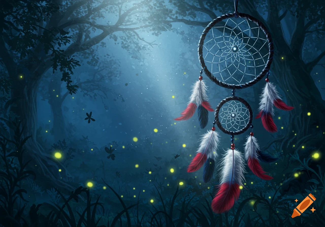 Two dreamcatchers with red, white, and blue feathers hang in a dark, mystical forest at night, with fireflies and a moonbeam.