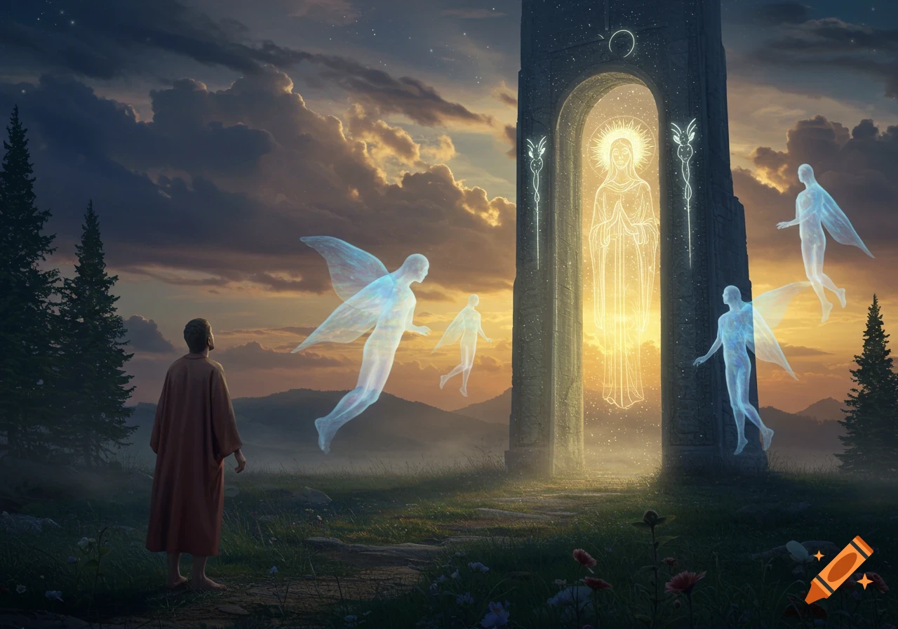 A robed figure stands before a glowing stone archway, surrounded by ethereal winged beings and a glowing spectral woman at dawn.