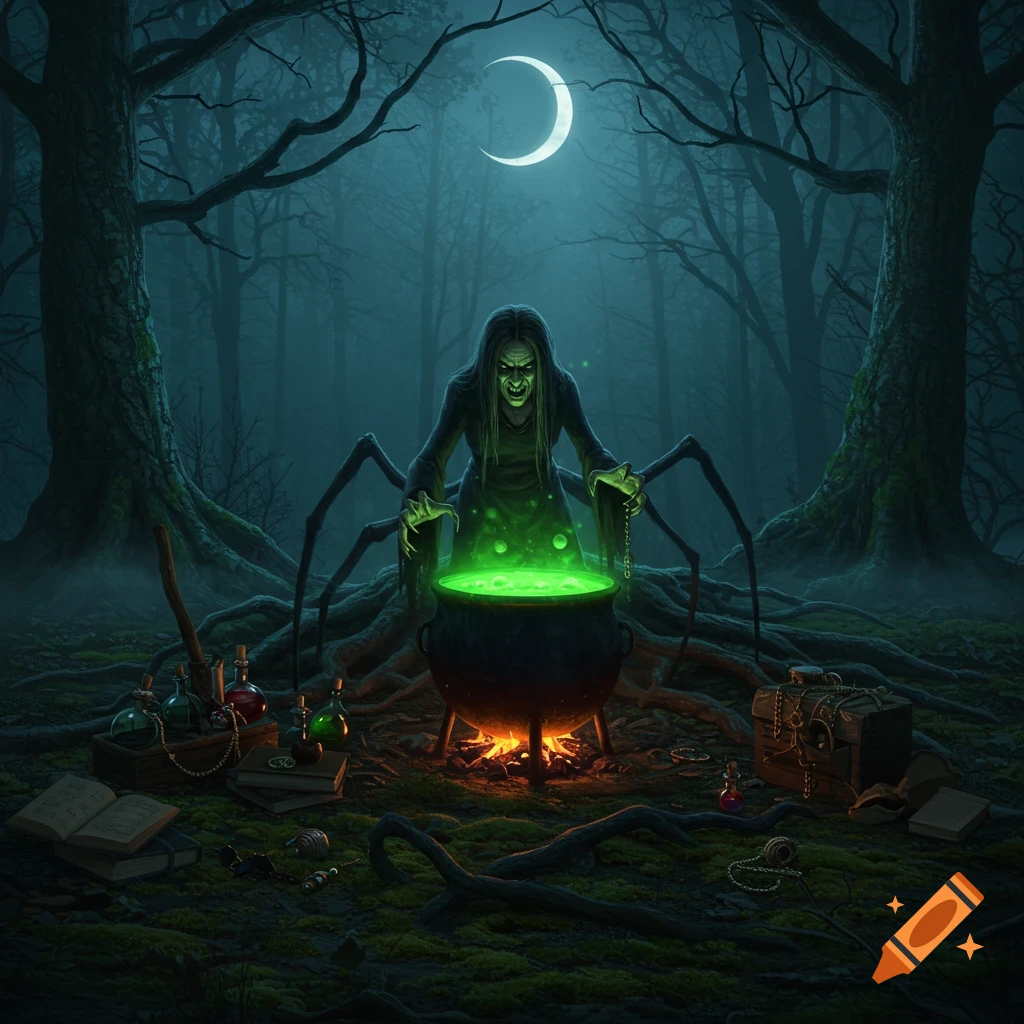 A creepy witch with spider legs brews a glowing green potion in a cauldron in a dark forest under a crescent moon.