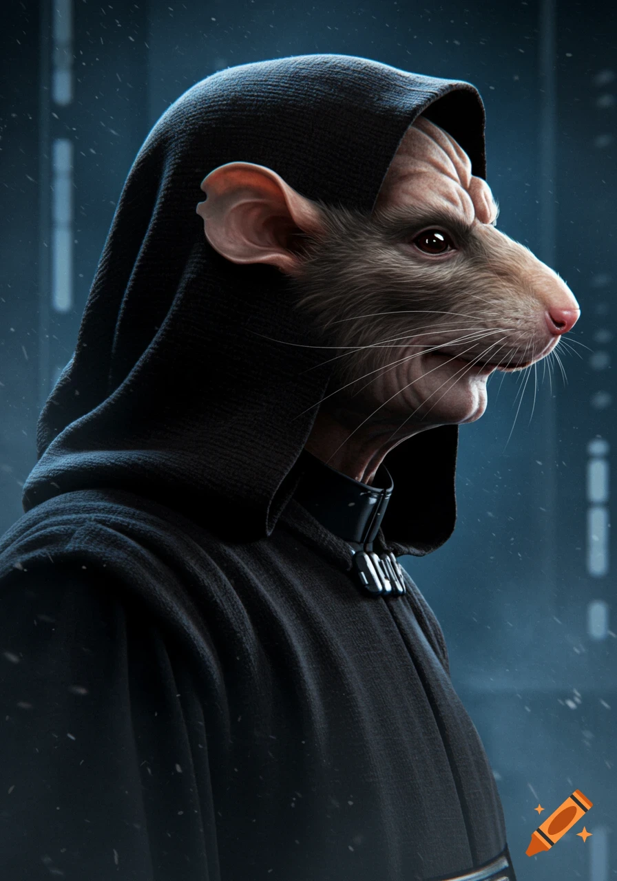 A photorealistic profile portrait of a figure with a rat's head, wearing a dark, hooded cloak like Emperor Palpatine.