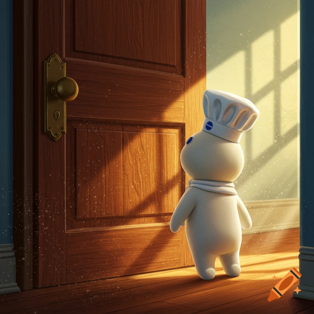 The Pillsbury Doughboy stands with his back to the viewer, looking at a wooden door bathed in sunlight, with dust motes floating in the air.