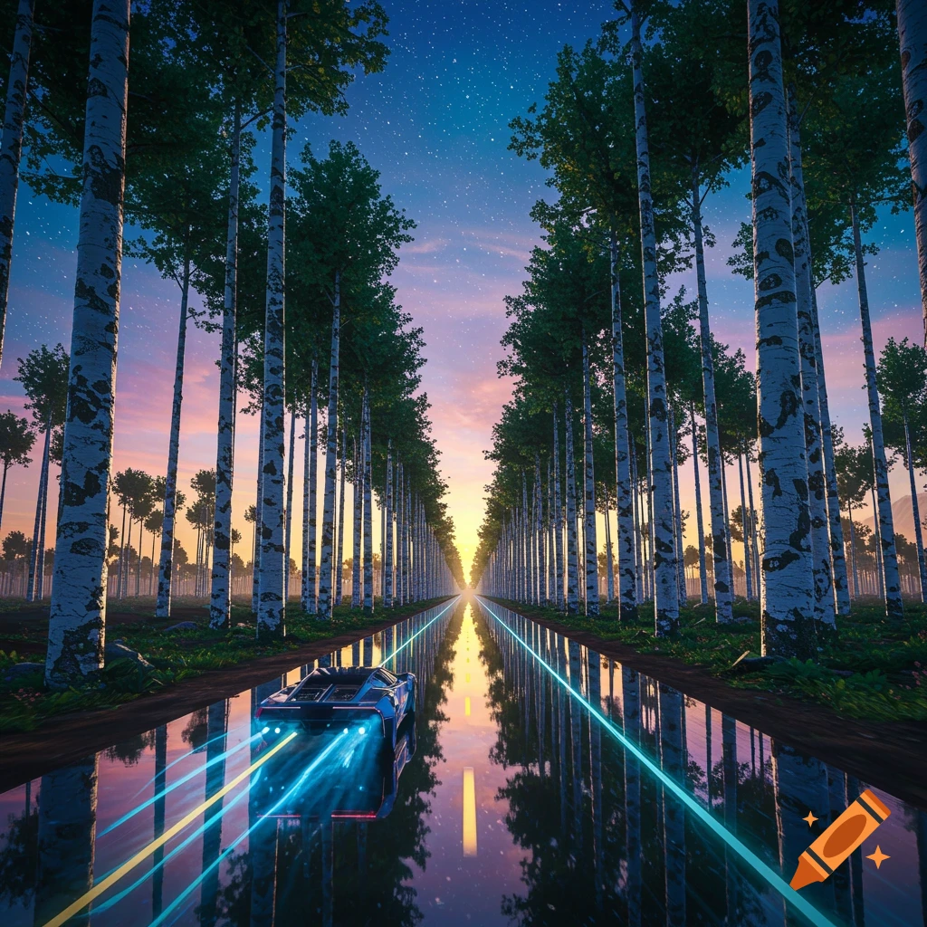 A futuristic car speeds down a wet, tree-lined road at sunset, reflecting the starry sky and glowing light trails.