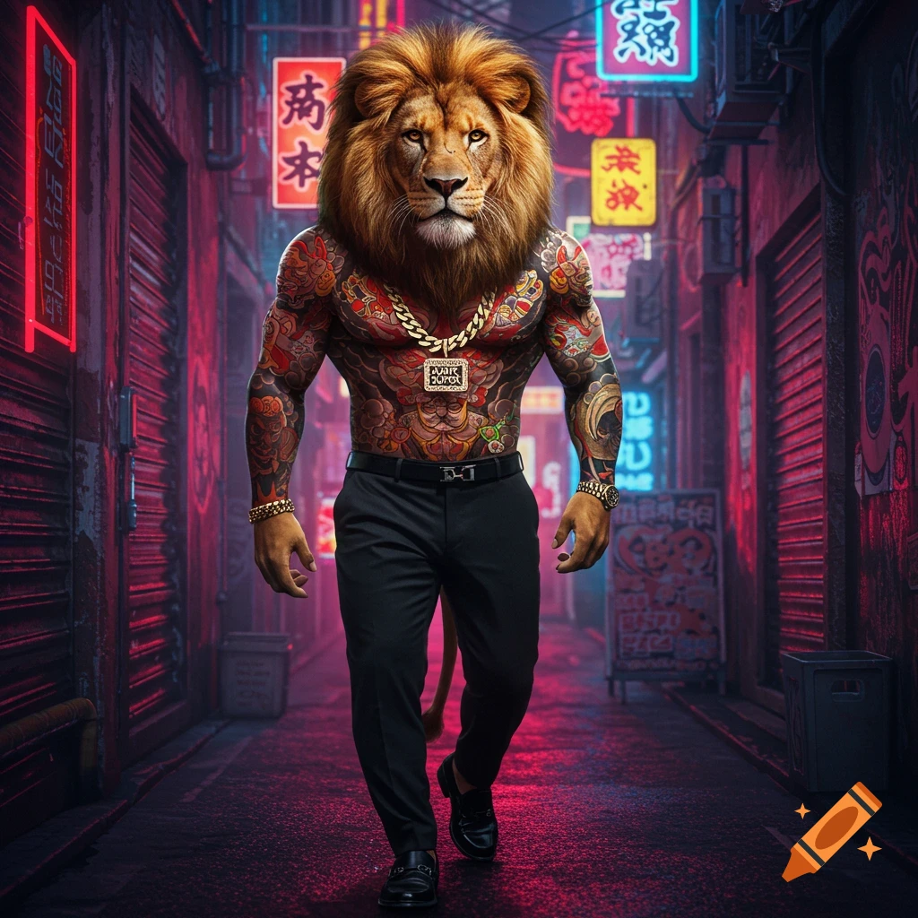 A muscular, anthropomorphic lion with a human-like body covered in yakuza-style tattoos, wearing a gold chain, black pants, and black shoes, walks down a dark, neon-lit city alley.
