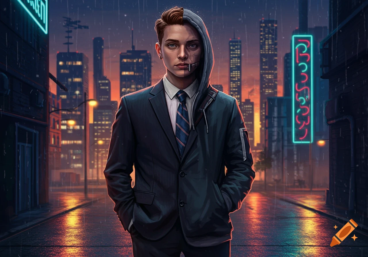 A man, half in a suit and half in a dark hoodie, stands on a wet, rainy city street at night with neon signs and skyscrapers in the background, in a stylized digital art style.