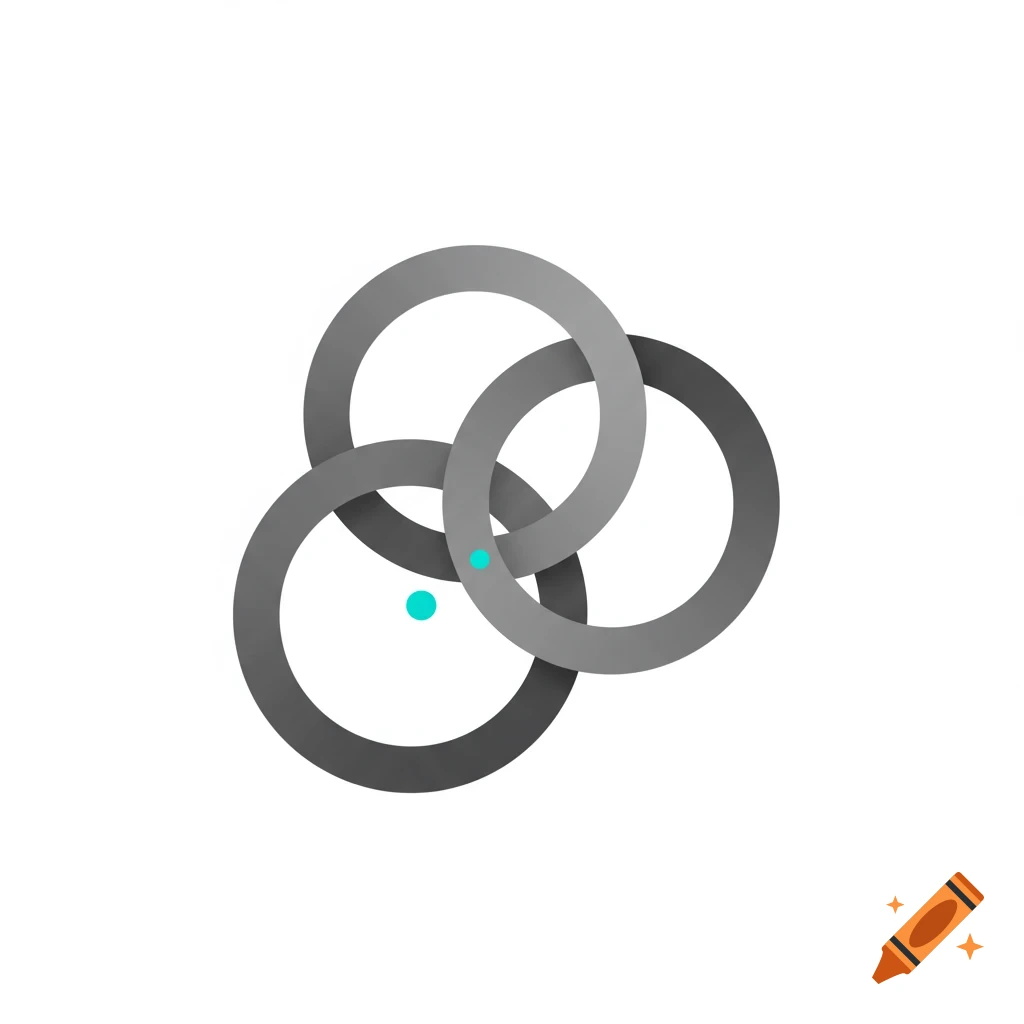 Minimalist logo icon with three interlocking gray rings and two blue dots on a white background.