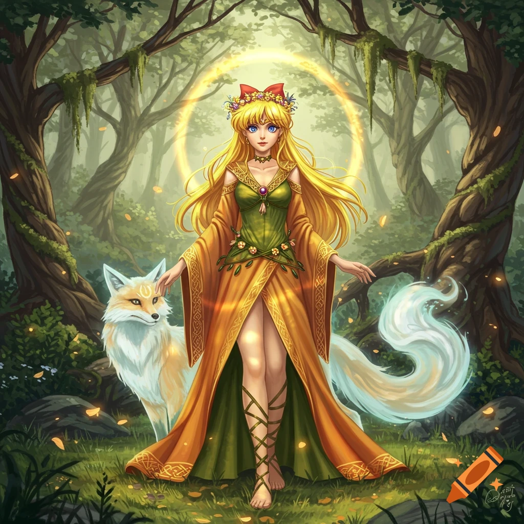 A blonde woman in a druidic gown and flower crown stands in a mossy forest with a white fox, an ethereal glow around her.