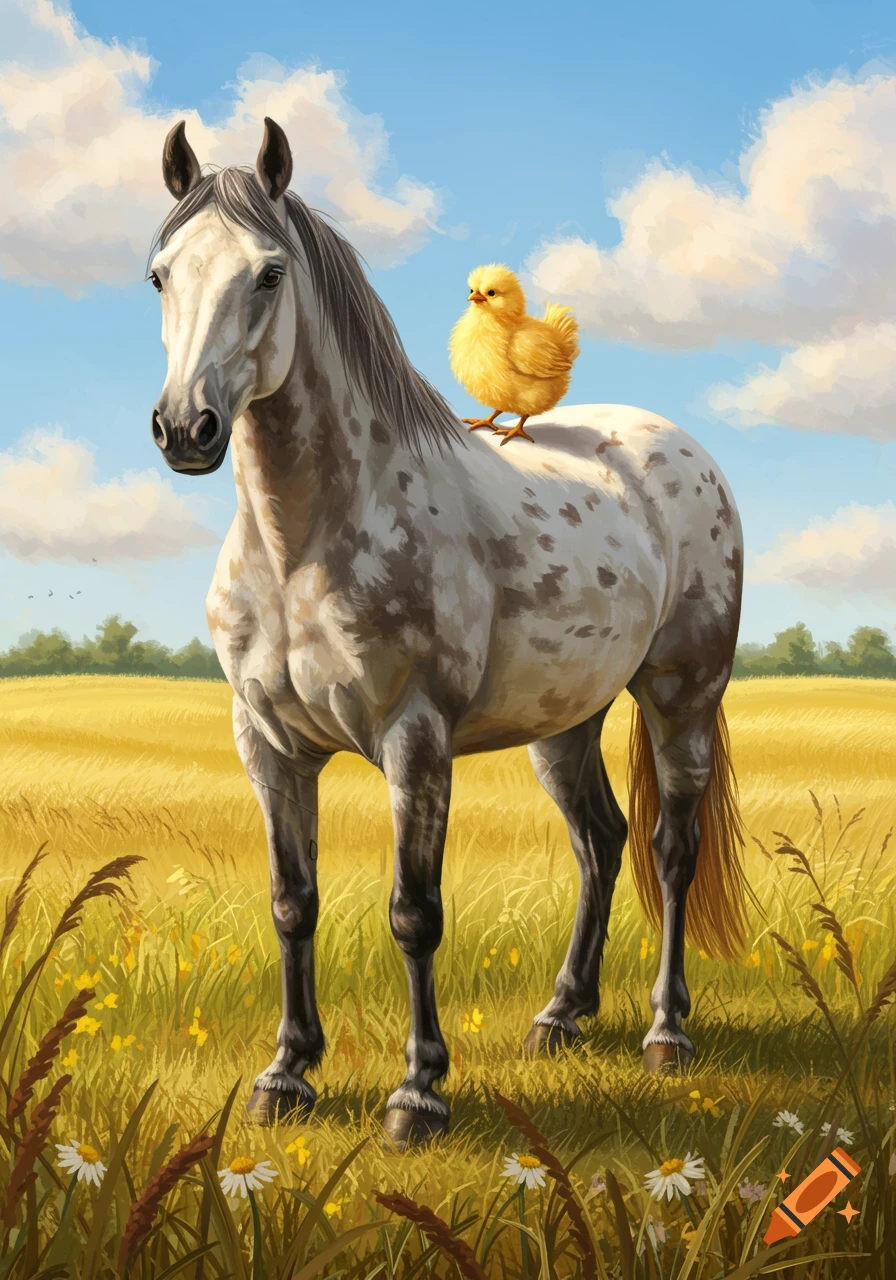 A white and brown spotted horse stands in a golden field with a small yellow chick on its back, under a blue sky.