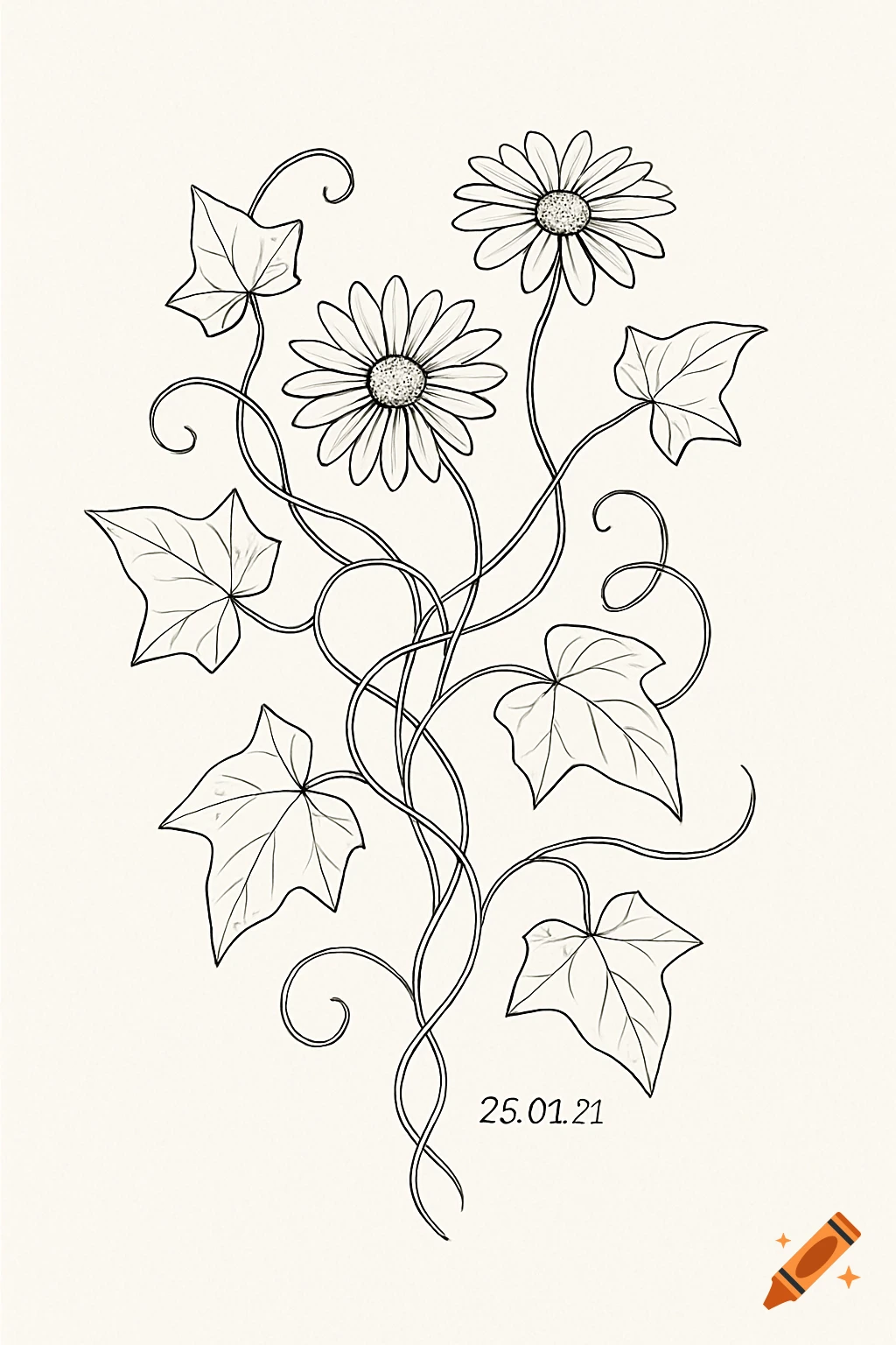 Black and white line art of intertwined ivy leaves and daisies on a light background, with a date "25.01.21" at the bottom right.
