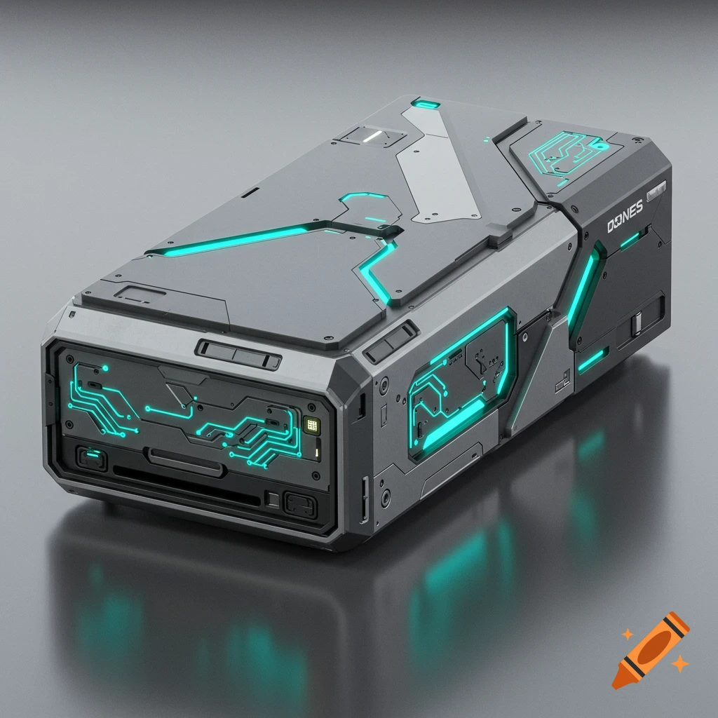 A grey, rectangular futuristic hardware device with glowing turquoise circuit board patterns and metallic accents.