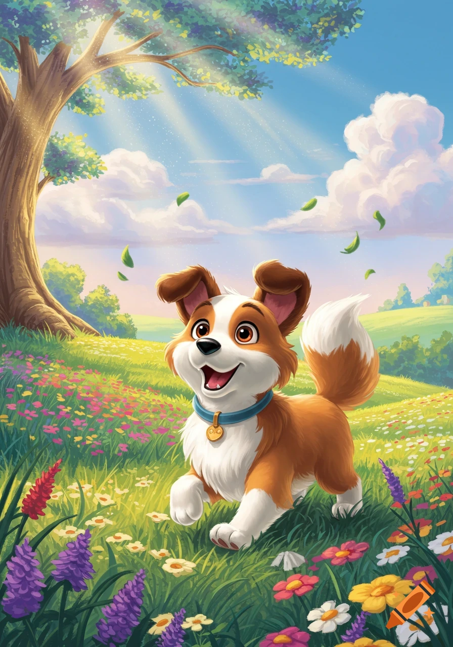A happy, Disney-styled cartoon dog runs through a sunny, flower-filled meadow under a blue sky.