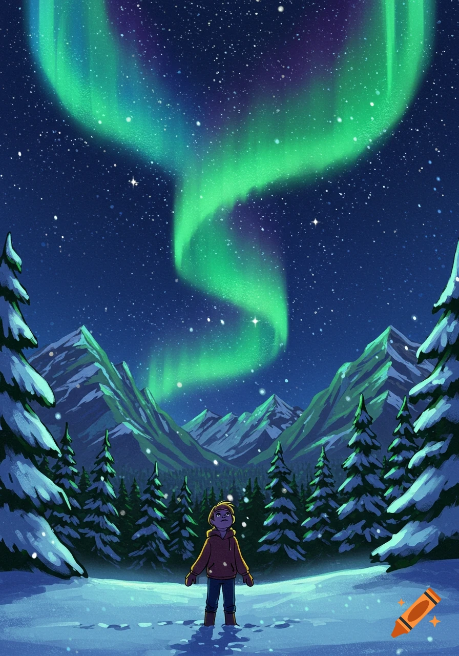 A boy stands in a snowy mountain landscape, looking up at the vibrant green and purple Northern Lights. Illustrated.