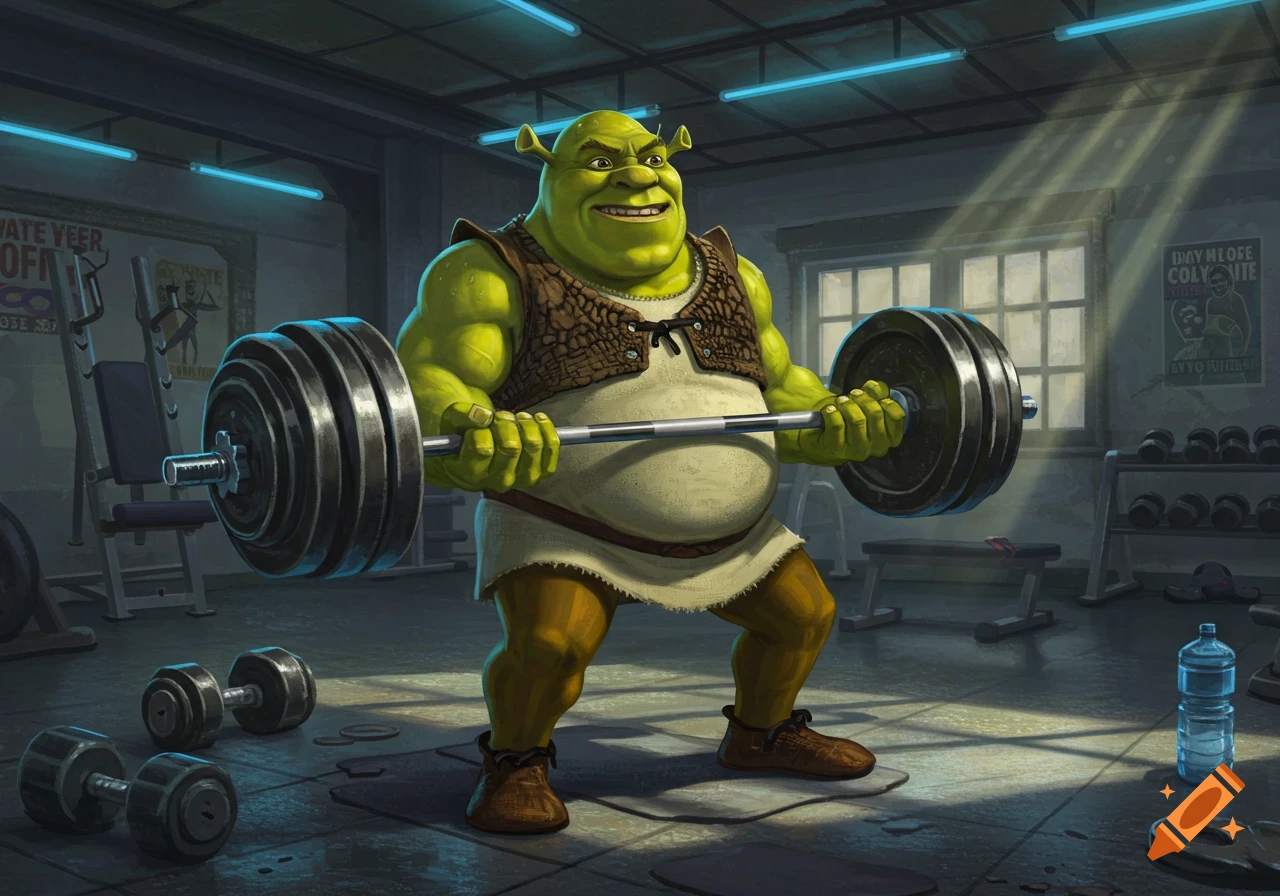 Shrek, a green ogre, lifts heavy weights with a barbell in a gym, appearing strong and focused.