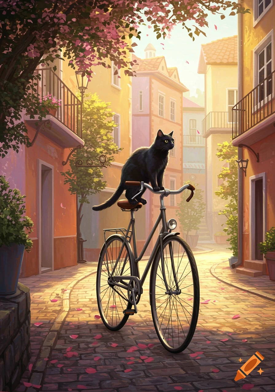A black cat sits on a vintage bicycle on a sunny cobblestone street with colorful buildings and pink cherry blossoms.