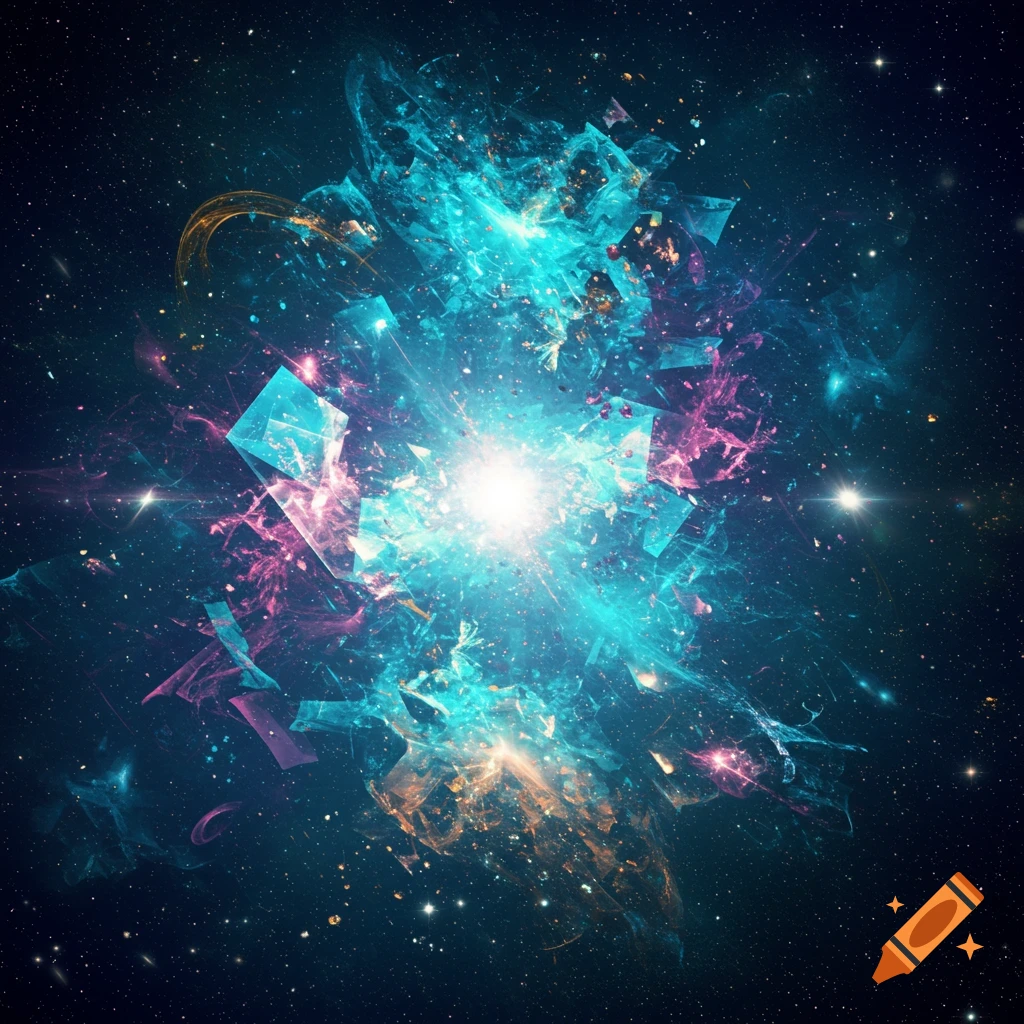 An abstract cosmic explosion with bright blue and pink light and crystalline shards against a starry background.