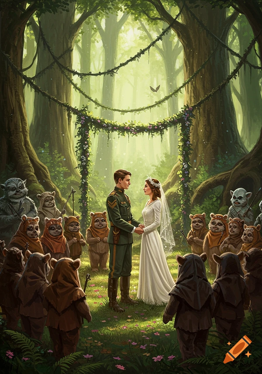 A man in a military uniform and a woman in a wedding dress at an outdoor ceremony in a lush forest, observed by Ewoks.