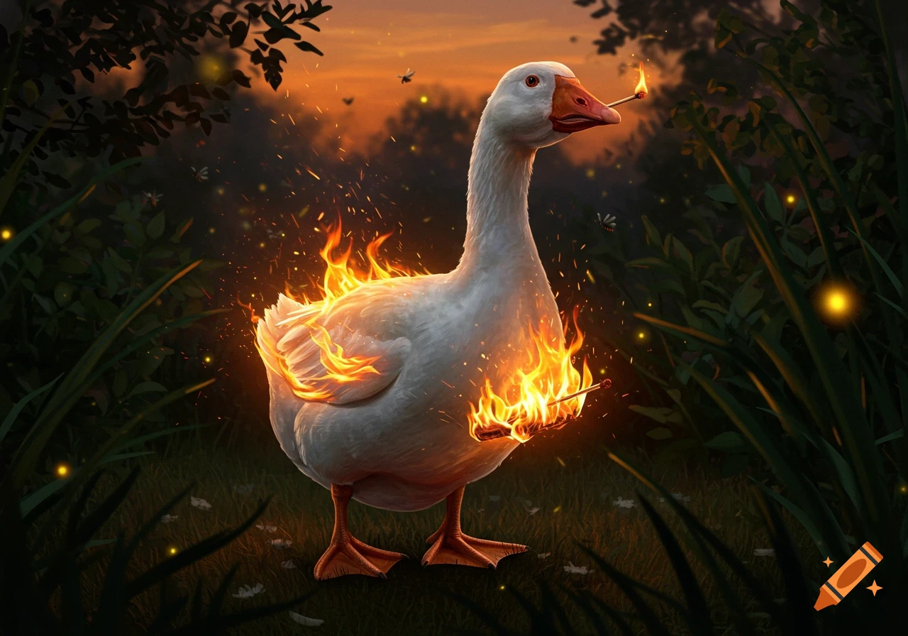 A white goose stands engulfed in flames in a dark, grassy field with an orange sky, holding a lit match in its beak.