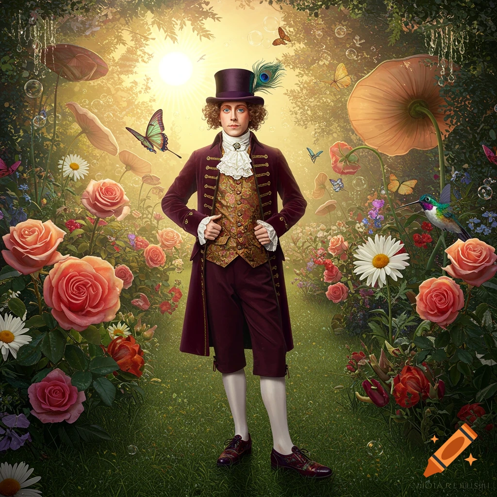 A man in a purple dandy coat and top hat stands in a vibrant, magical garden with oversized flowers, butterflies, and a hummingbird.