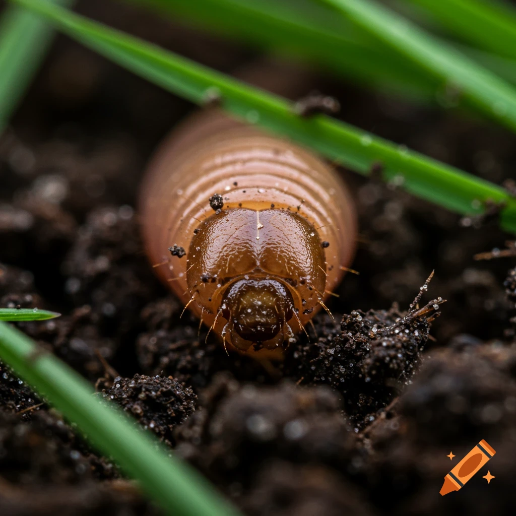 Close-up macro shot of a brown grub or larva partially buried in dark soil with green grass blades.
