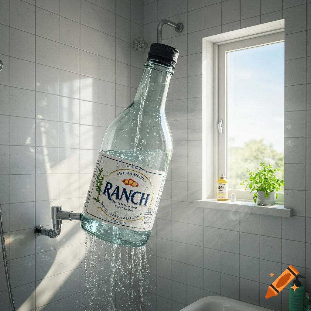 A giant bottle of Ranch dressing hangs from a shower fixture, spraying water into a bathtub in a sunlit bathroom.