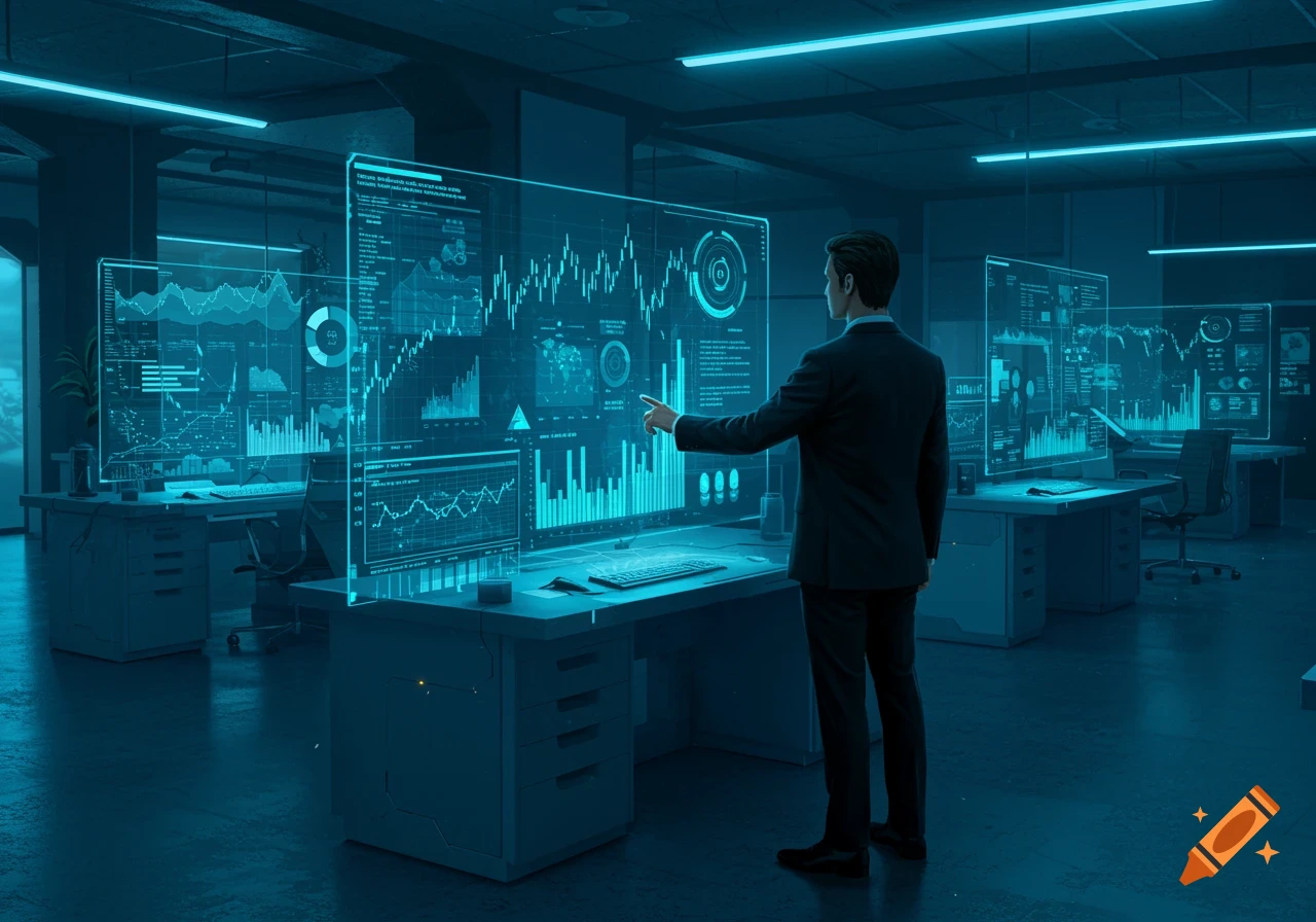 A man in a suit points at a large, translucent holographic screen displaying various financial charts and data in a futuristic control room.