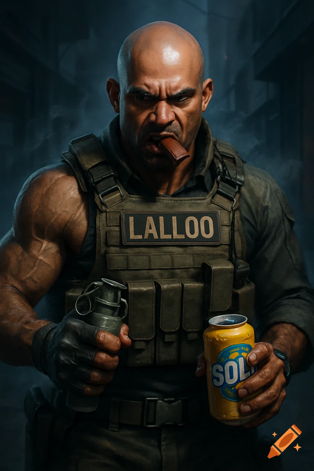 Photorealistic portrait of an aggressive bald man in a tactical vest with 'LALLOO', holding a grenade and a 'SOLO' can, with a chocolate bar in his mouth.